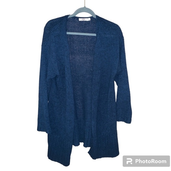UGG duster knit cardigan medium blue side splits open front long length winter - Picture 1 of 4